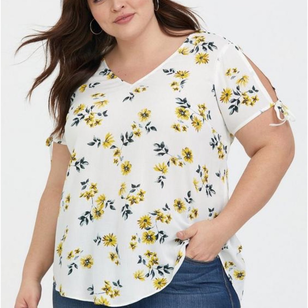Torrid Rayon Crepe Tie Sleeve Top yellow floral